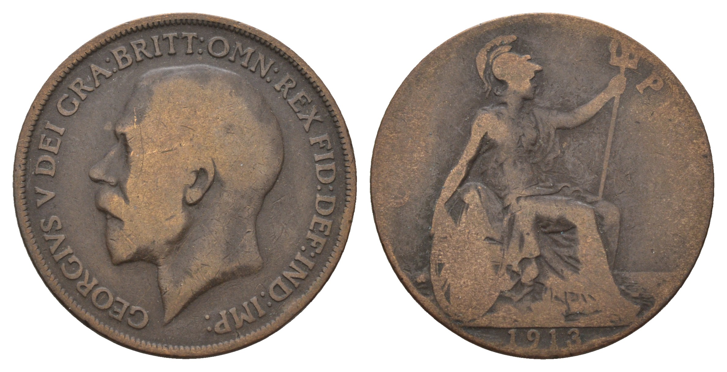 Великобритания 1 пенни 1913 Георг V (1910-1936) KM 810, Spink 4051 бронза 4680-844