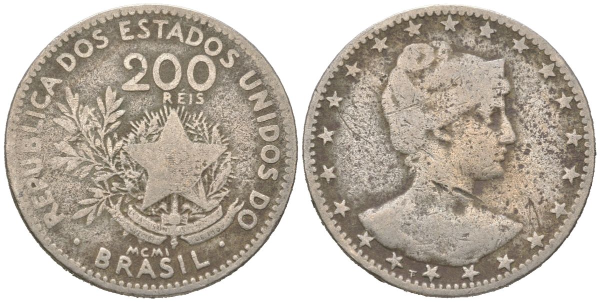 Бразилия 200 реалов 1901 MCMI, голова свободы вправо KM 504 медно-никель 4612-116