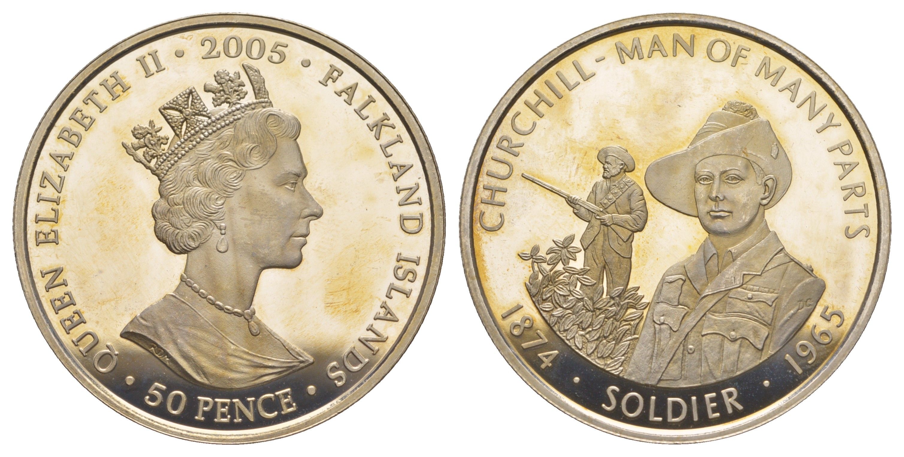Фолклендские острова 50 пенсов 2005 Уинстон Черчилль - разносторонний человек, Солдат медно-никель BU 5010-1114