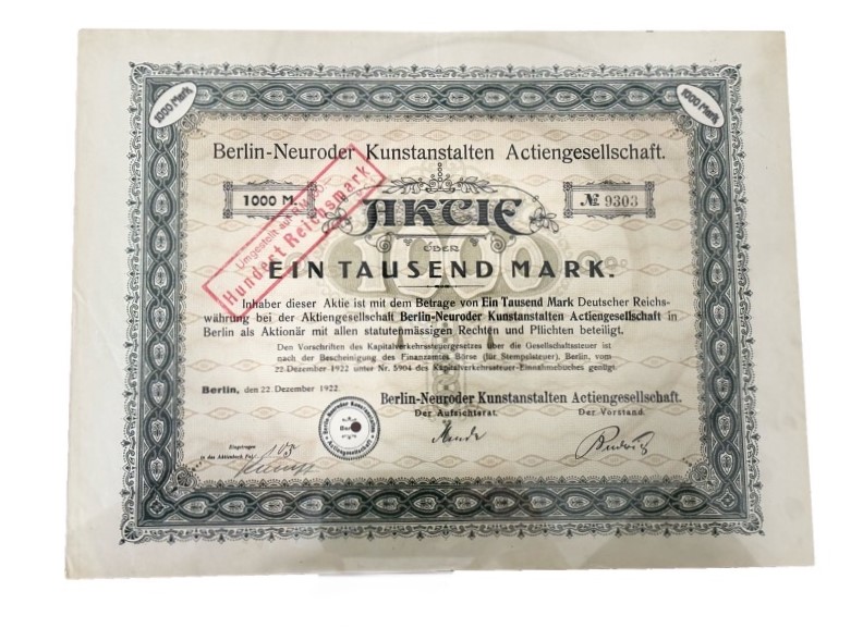 Германия акция в 1000 марок 1923 компании Berlin-Neuroder Kunstanstalten Actiengesellschaft / производство бумажных изделий и фотоматериалов бумага 5555-18