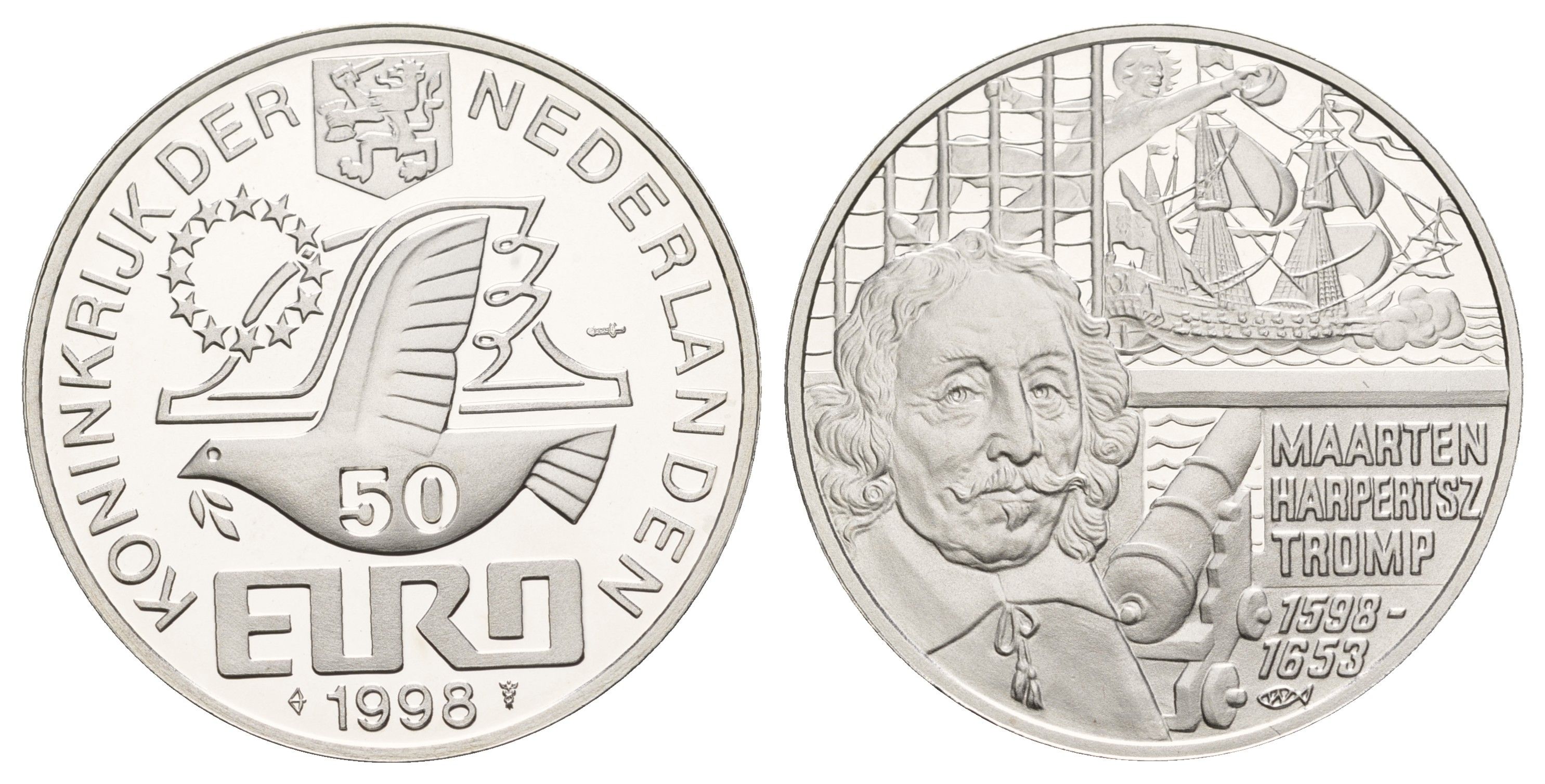 Нидерланды 50 евро 1998 400 лет со дня рождения Маартена Харперц Тромп X 147 серебро PROOF 443-1442