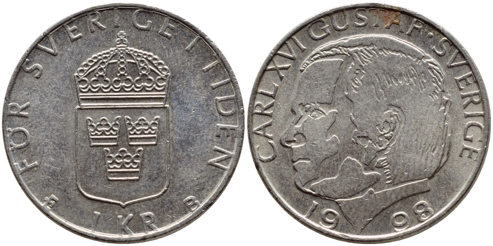 Швеция 1 крона 1998 Карл XVI Густав (1973- ) KM 852a медно-никель 4610-1022