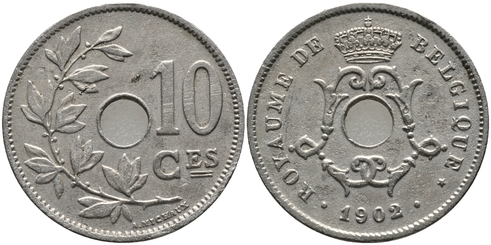 БЕЛЬГИЯ 10 САНТИМОВ 1902 BELGIQUE KM 48 медно-никель 4379-1032