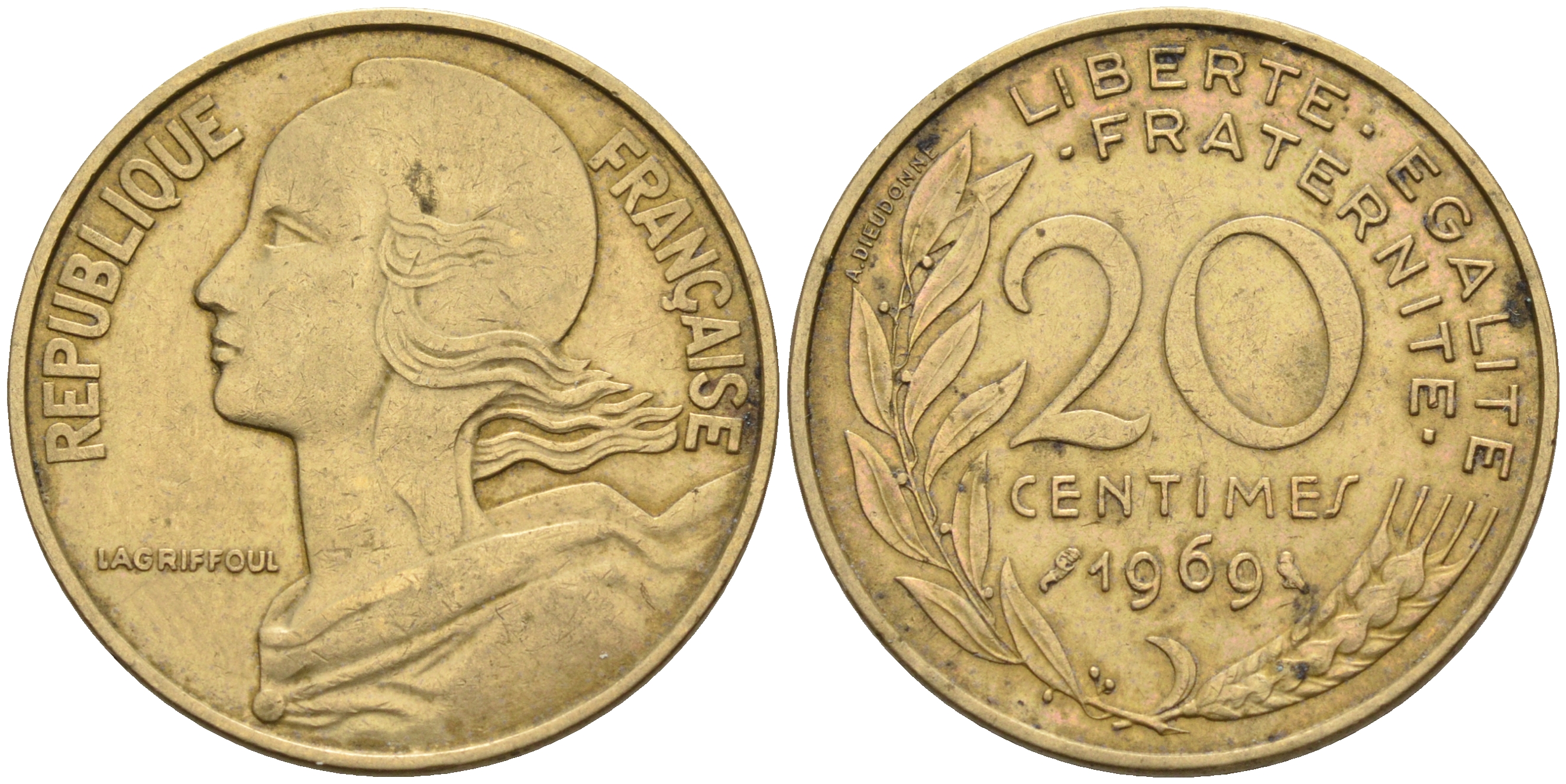 Франция 20 сантимов 1969 тип Марианна KM 930 медь алюминий никель 4116-521