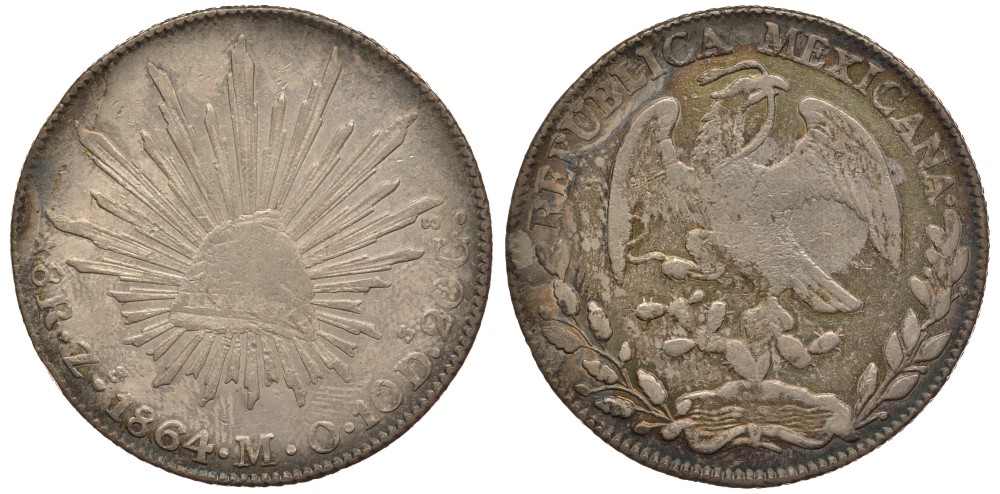 Мексика 8 реалов 1864 JA, монетный двор Zs (Сакатекас), красивая золотисто-голубая патина KM 377.13 серебро    00-803-73