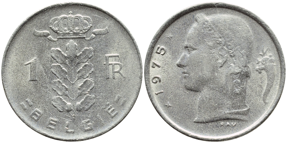 Бельгия 1 франк 1975 Belgie, Бодуэн I (1951-1993) KM 143.1 медно-никель 4382-1257