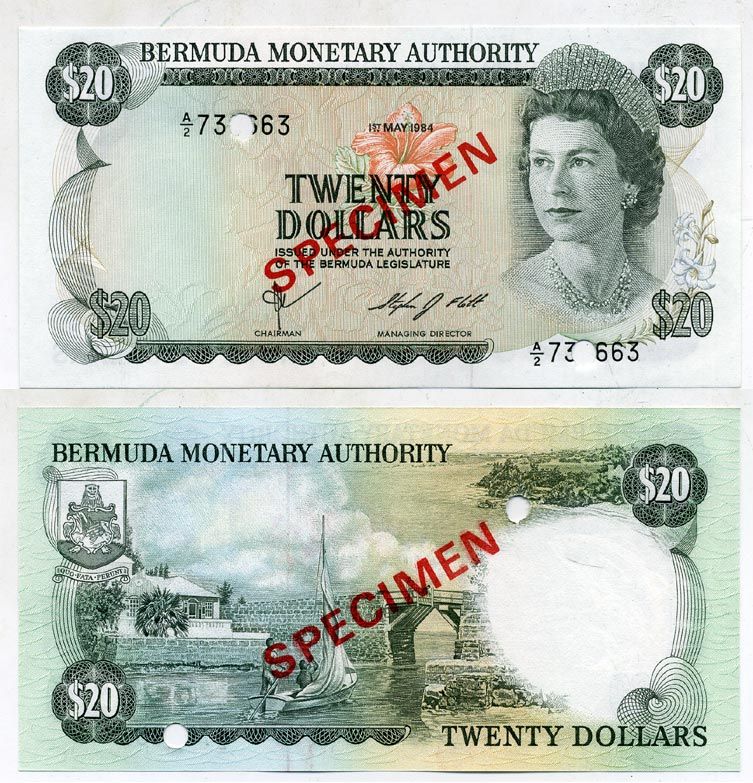 Бермудские острова 20 долларов 1978 образец, Specimen Pick 31 s бумага UNC (пресс) 00-00