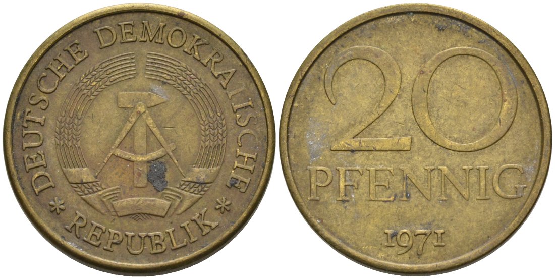 ГДР 20 пфеннигов 1971 А KM 11 латунь 4571-635