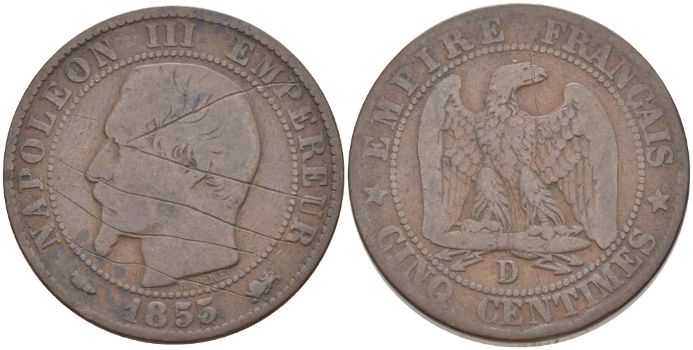 ФРАНЦИЯ 5 САНТИМОВ 1855 D, НАПОЛЕОН III (1852-1870) KM 777.4, LE FRANC 116.22 бронза 4448-1241