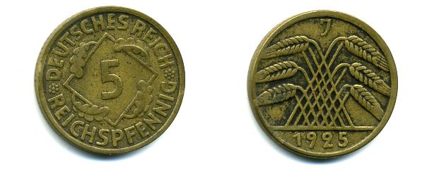 ГЕРМАНИЯ 5 РЕЙХСПФЕННИГОВ 1925 J, KM 39, J. 316 алюминиевая бронза 35-127