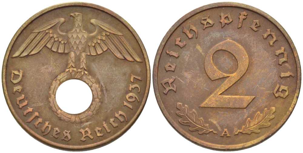 ГЕРМАНИЯ 2 РЕЙХСПФЕННИГА 1937 A KM 90, J. 362 бронза 261-854