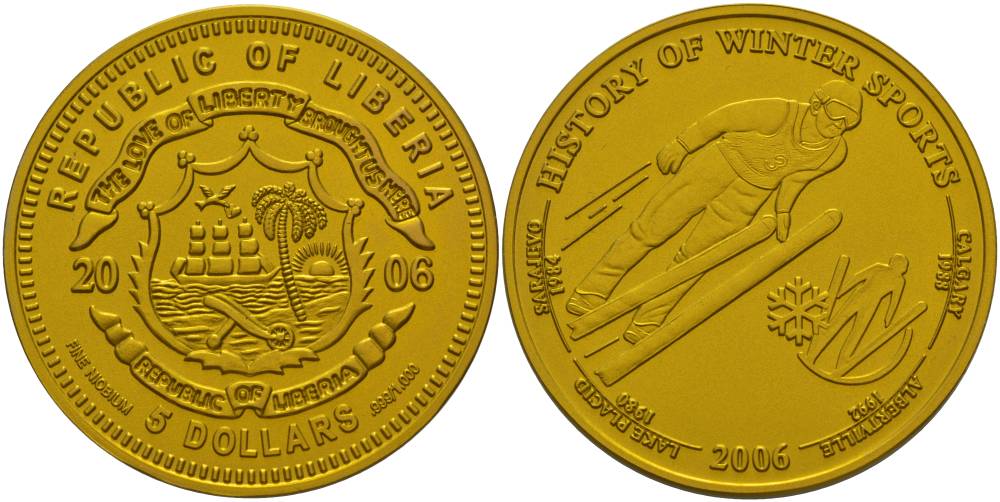Либерия 5 долларов 2006 История зимних видов спорта, ниобий, золотая, прыжки с трамплина, вес 15,55 гр., тираж 2006 экз.  ниобий  UNC  06-225-42