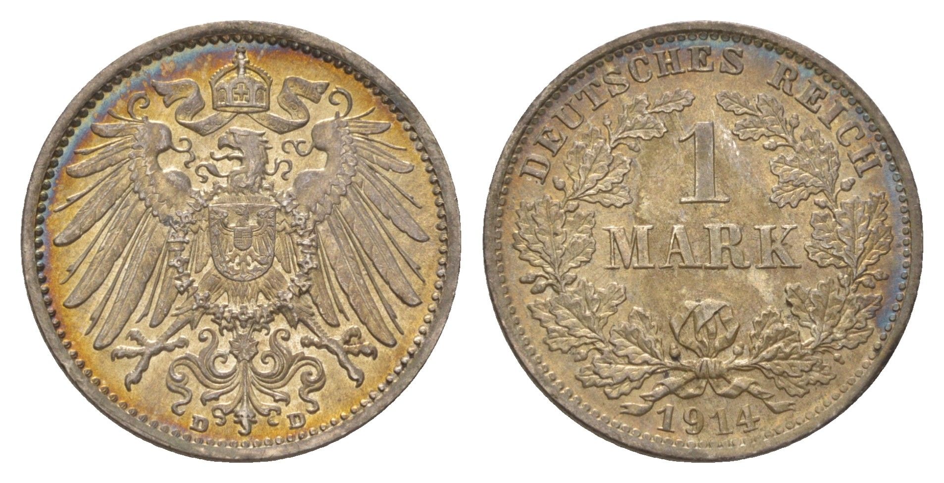 Германия 1 марка 1914 D, Вильгельм II (1888-1918) KM 14, J. 17 серебро aUNC 4626-235