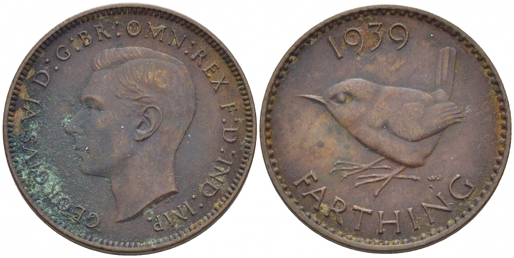 Великобритания 1 фартинг 1939 Георг VI (1936-1952) KM 843, Spink 4116 бронза 116-751