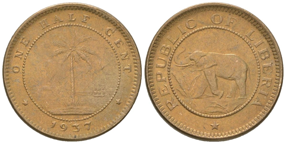 Либерия 1/2 цента 1937 KM 10 латунь aUNC 4588-757