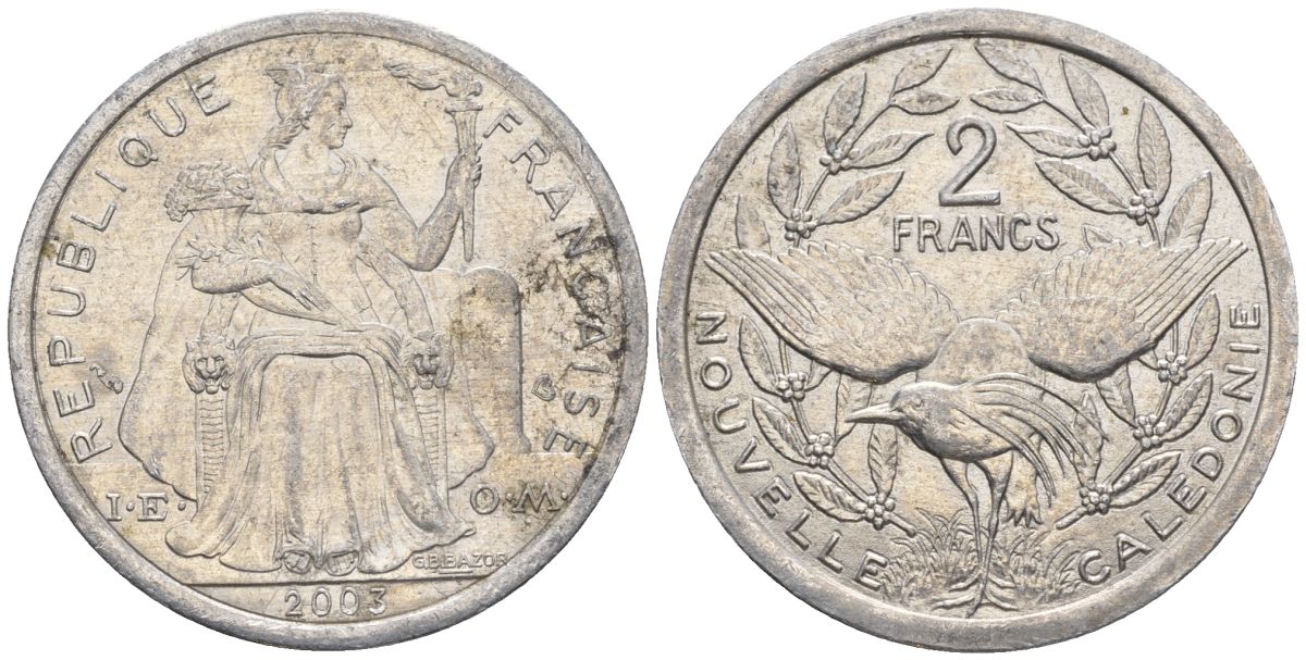 Французская Новая Каледония 2 франка 2003 птица кагу, (IEOM) KM 14, Schoen 11, Lec 68h алюминий    25-1211
