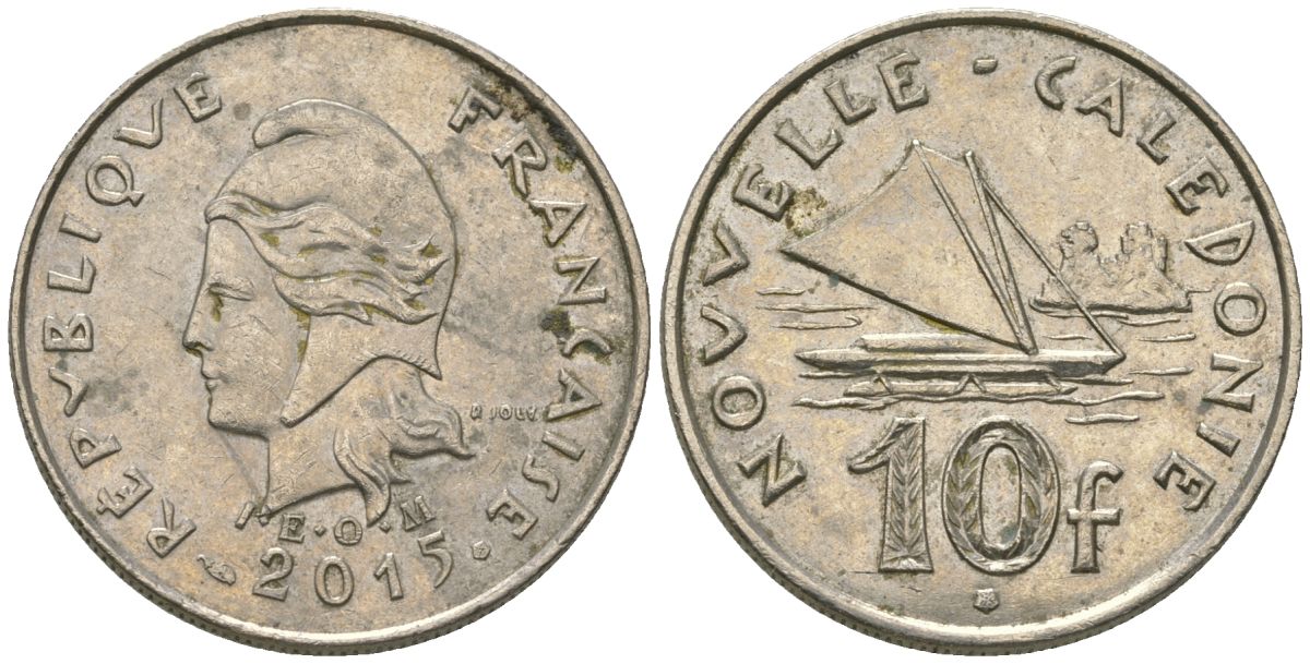 Французская Новая Каледония 10 франков 2015 рыбачья парусная лодка, (IEOM) KM 11a, Schoen 13a, Lec 99k медно-никель 68-141