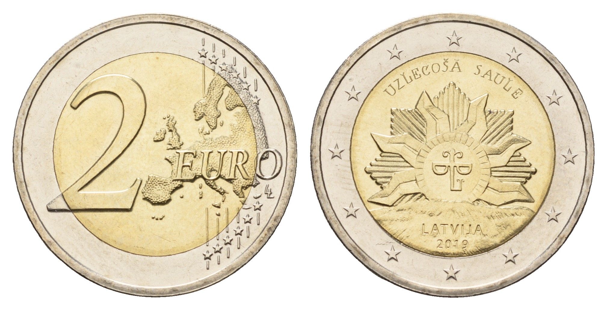 Латвия 2 евро 2019 Восходящее солнце KM 203 биметалл UNC 4681-122