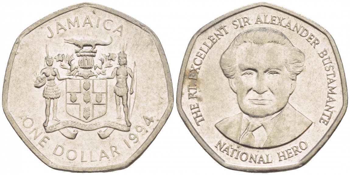 Ямайка 1 доллар 1994 Александр Бустаманте KM 164 никелированная сталь 4549-256