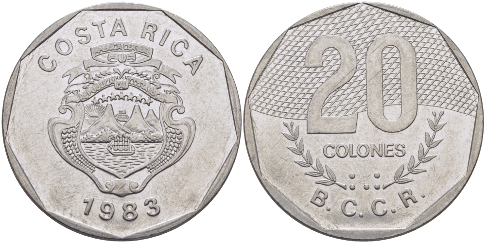 КОСТА-РИКА 20 КОЛОНОВ 1983 В.С.С.R. KM 216.1 нержавеющая сталь 82-1014