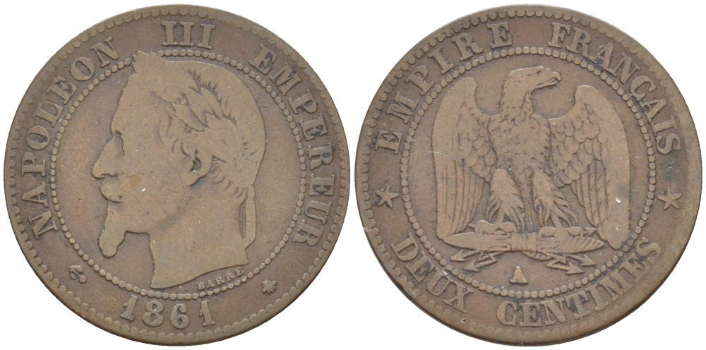 ФРАНЦИЯ 2 САНТИМА 1861 A KM 796.4 бронза 116-746