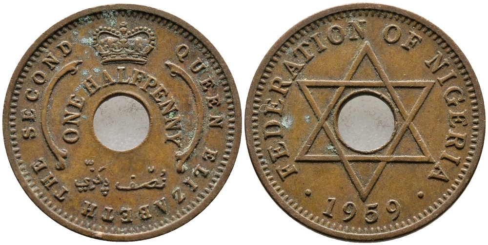 Нигерия 1/2 пенни 1959 Елизавета II (1952-), Британский протекторат KM 1 бронза 4387-164