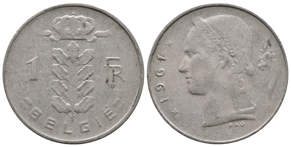 БЕЛЬГИЯ 1 ФРАНК 1961 BELGIE KM 143.1 медно-никель 4382-1133