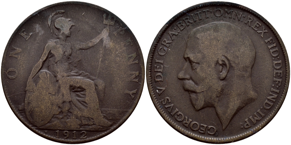 Великобритания 1 пенни 1912 Георг V (1910-1936) KM 810, Spink 4051 бронза 540-433