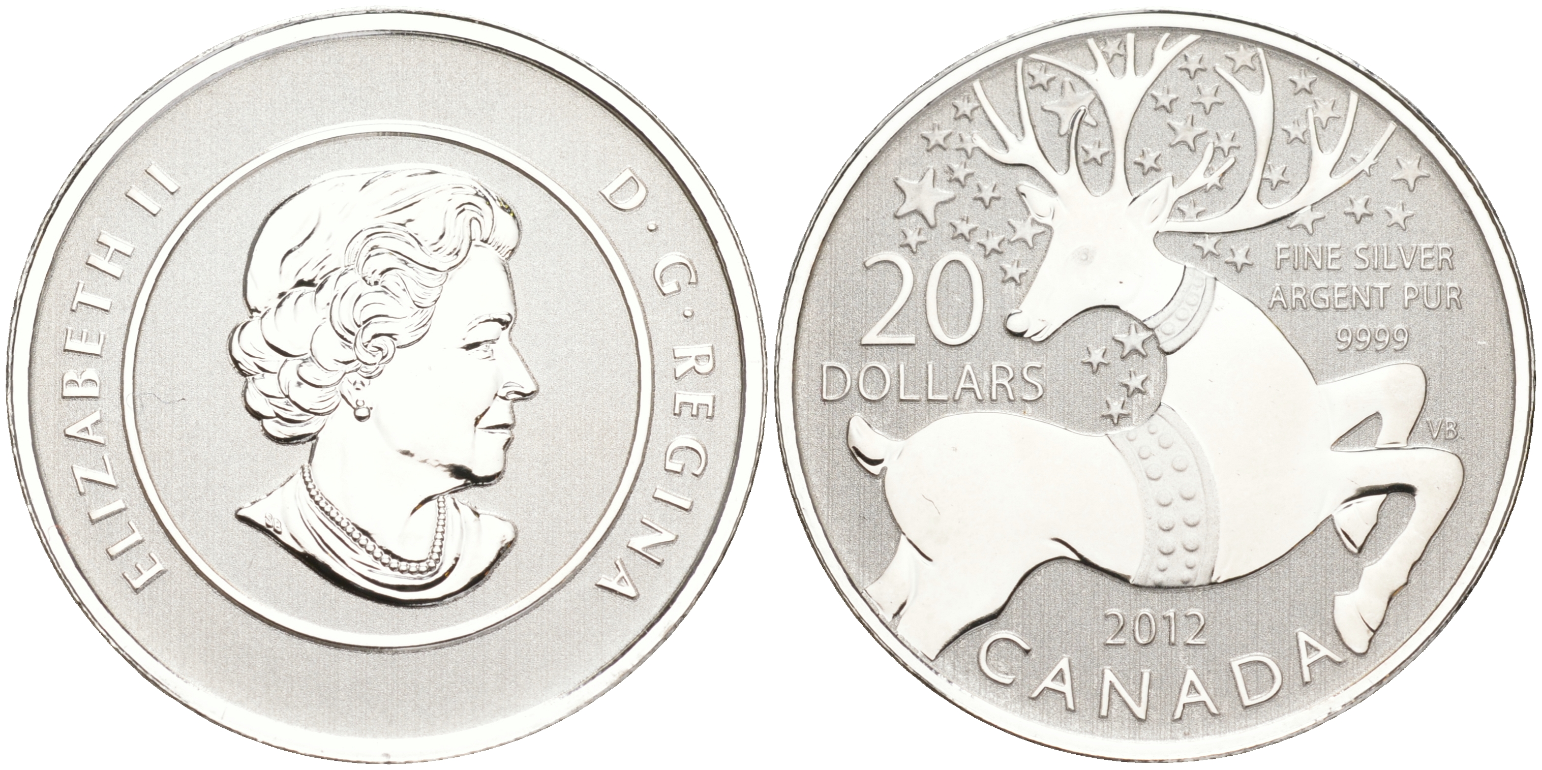 Канада 20 долларов 2012 с рождеством, олени, Елизавета II (1952-2022) KM NEW серебро PROOF 11-265-42