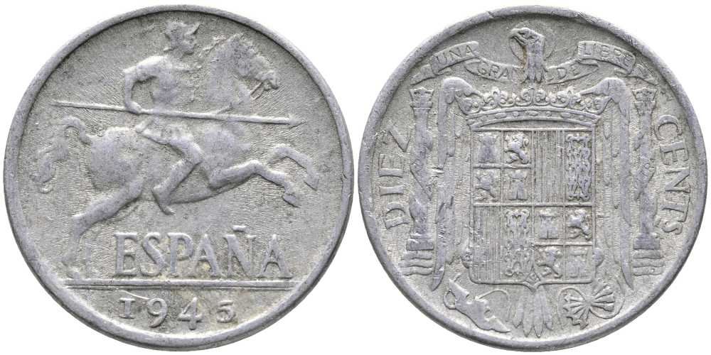 ИСПАНИЯ 10 СЕНТИМО 1945 РЫЦАРЬ НА КОНЕ KM 766 алюминий 110-926
