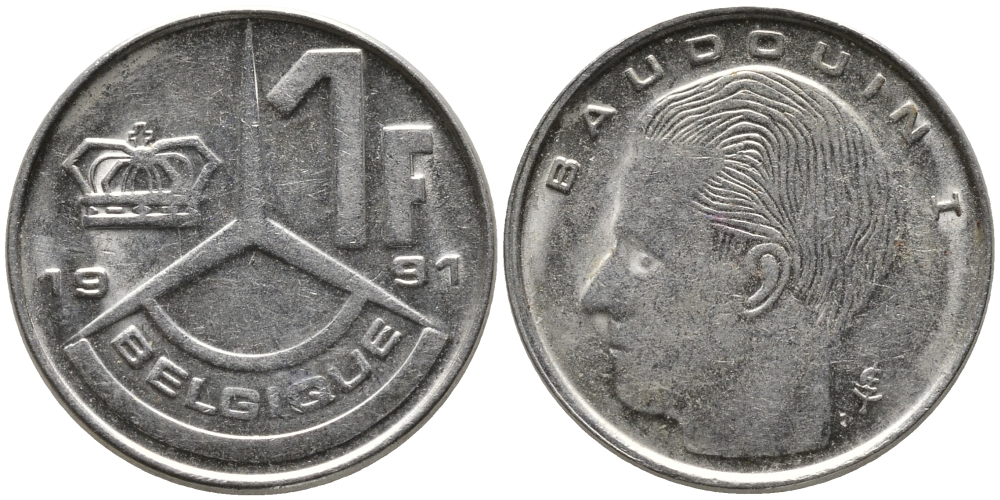 БЕЛЬГИЯ 1 ФРАНК 1991 BELGIE KM 171 сталь плакированная никелем 99-1244