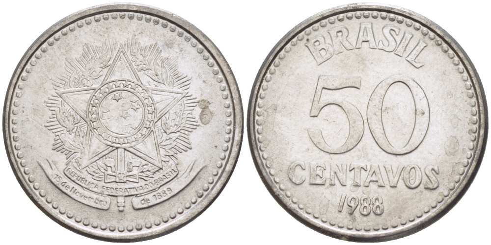 Бразилия 50 сентаво 1988 реформа 1986-1989 KM 604 нержавеющая сталь 3334-514