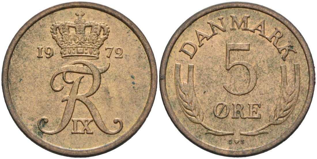 Дания 5 эре 1972 Фредерик IX (1947-1972) KM 848 бронза 4571-335