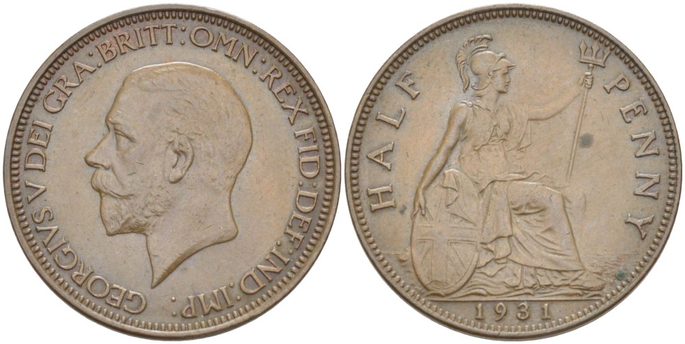 Великобритания 1/2 пенни 1931 Георг V (1910-1936) KM 837, Spink 4058 бронза 34-743