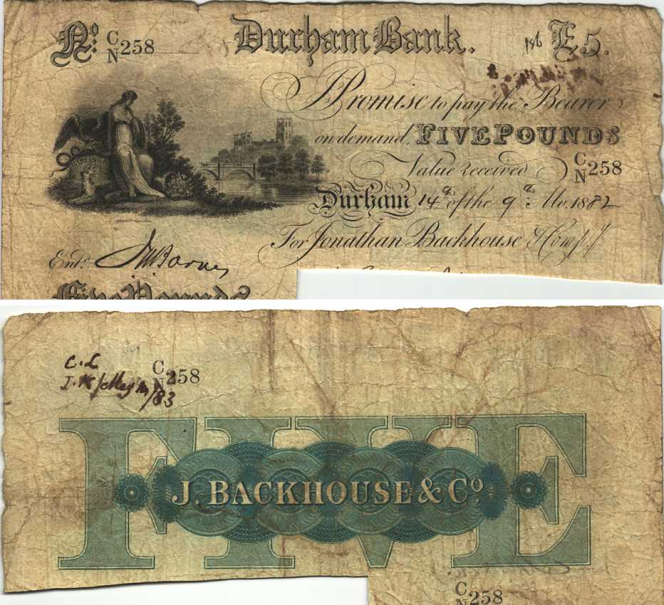 АНГЛИЯ 5 ФУНТОВ 1882 ВЕКСЕЛЬ, ПОГАШЕНЫЙ, DURHAM BANK, ВЫПУЩЕН 14 ОКТЯБРЯ 1882 ГОДА, ДЛЯ JONATHAN BACKHOUSE & COMPANY бумага F-VF 6283-45-1-2