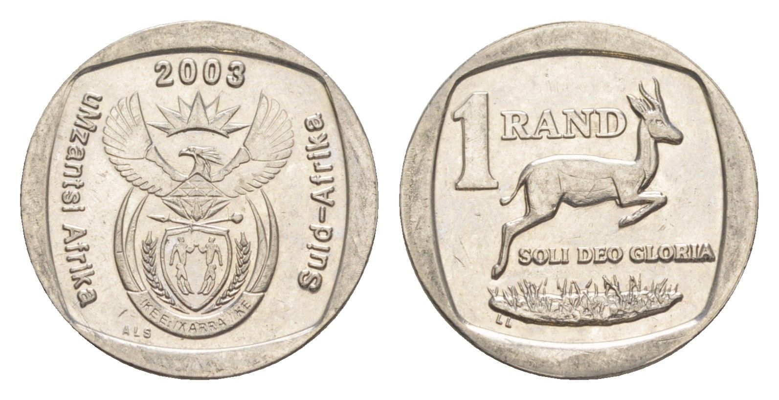 ЮАР 1 ранд 2003 антилопа спрингбок, герб KM 332 медь плакированная никелем UNC 4618-863