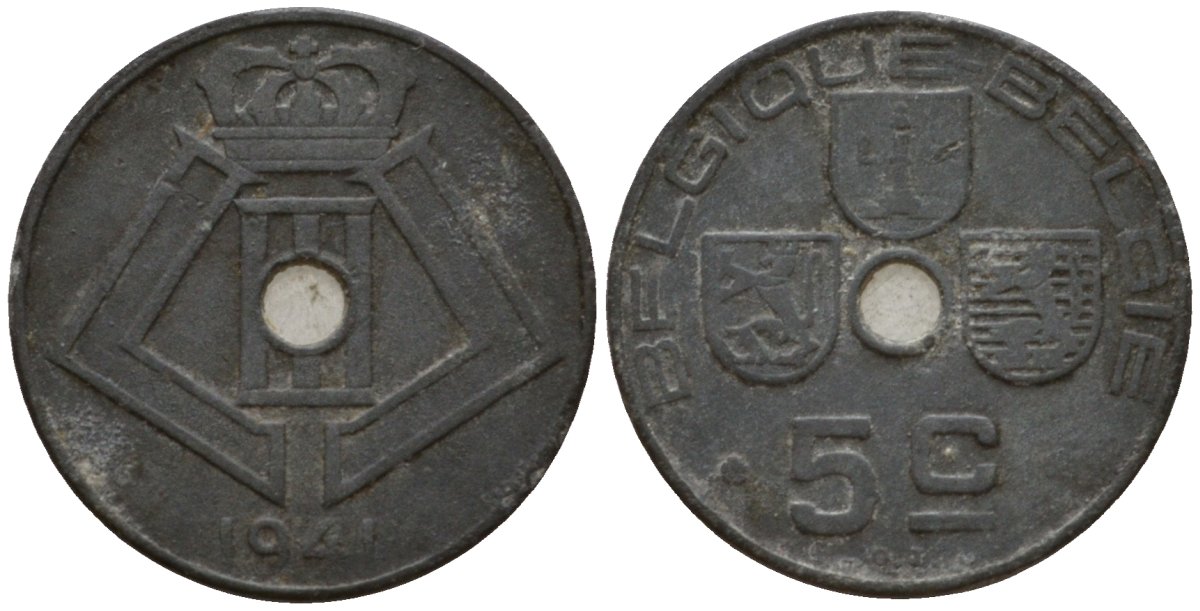 Бельгия 5 сантимов 1941 Belgique - Belgie KM 123 цинк 4548-1257