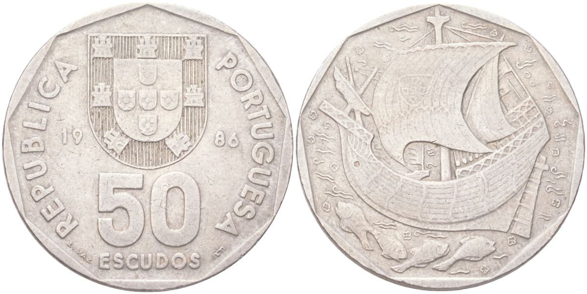 Португалия 50 эскудо 1986 KM 636 медно-никель 4162-616