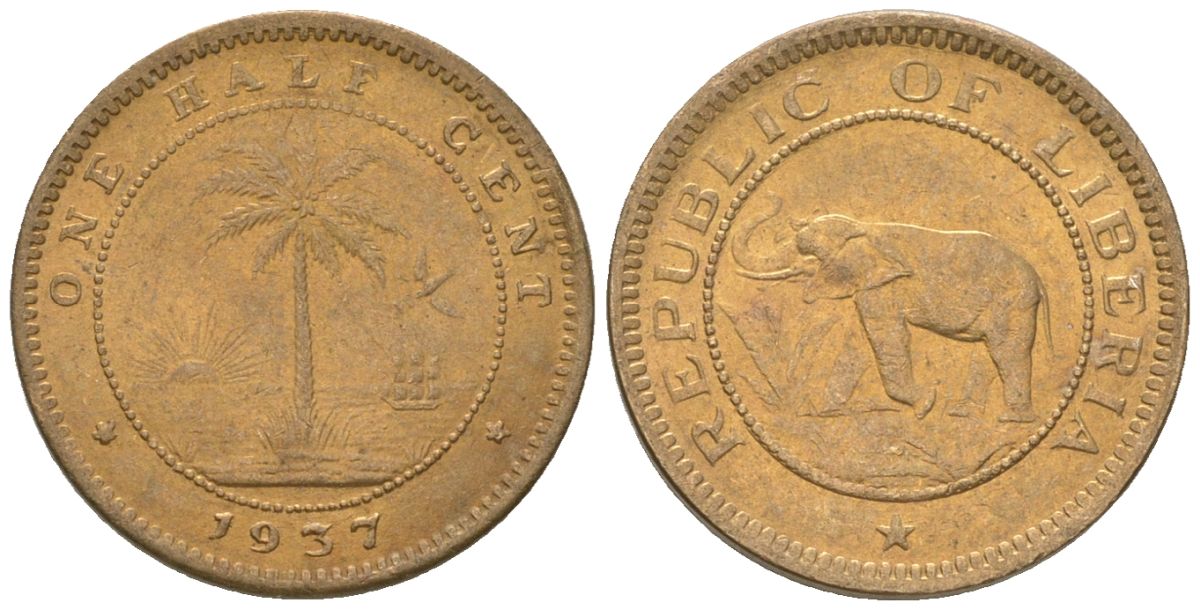 Либерия 1/2 цента 1937 KM 10 латунь aUNC 4588-958