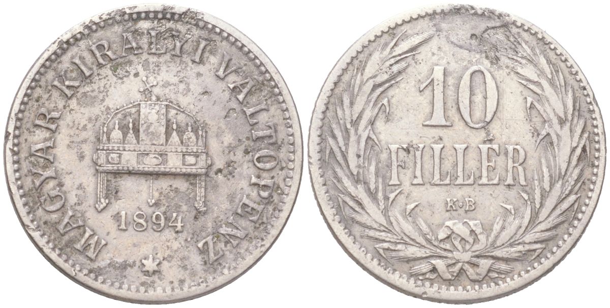 Венгрия 10 филлеров 1894 KB, Франц Иосиф I (1848-1916) KM 482 никель 4611-1053