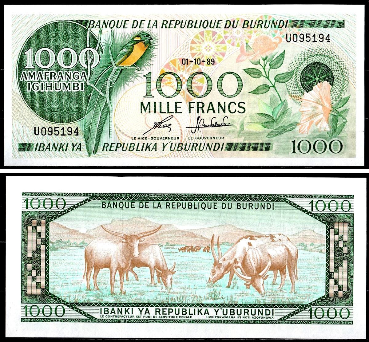 Бурунди 1000 франков 1989 Райская вдовушка, Зебу Pick 31 d бумага UNC (пресс) 451-735-1