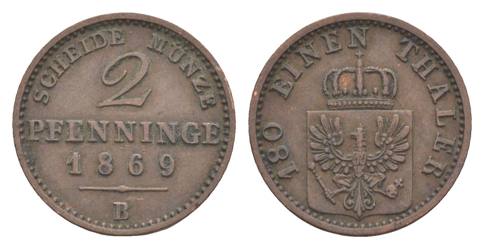 Пруссия 2 пфеннига 1869 B, Вильгельм I (1861-1888) KM 481, Jaeger 51, AKS 107, Olding 425 медь 4651-246