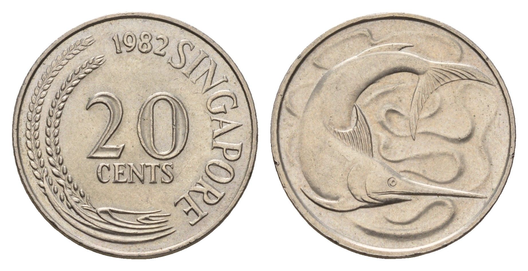 Сингапур 20 центов 1982 голубой марлин, тунец KM 4 медно-никель UNC 4401-515