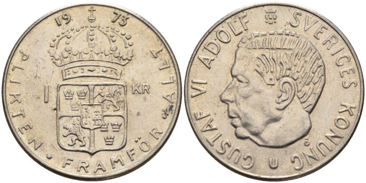 Швеция 1 крона 1973 U, Густав VI Адольф (1950-1973) KM 826a медь плакированный медно-никелем 4150-352