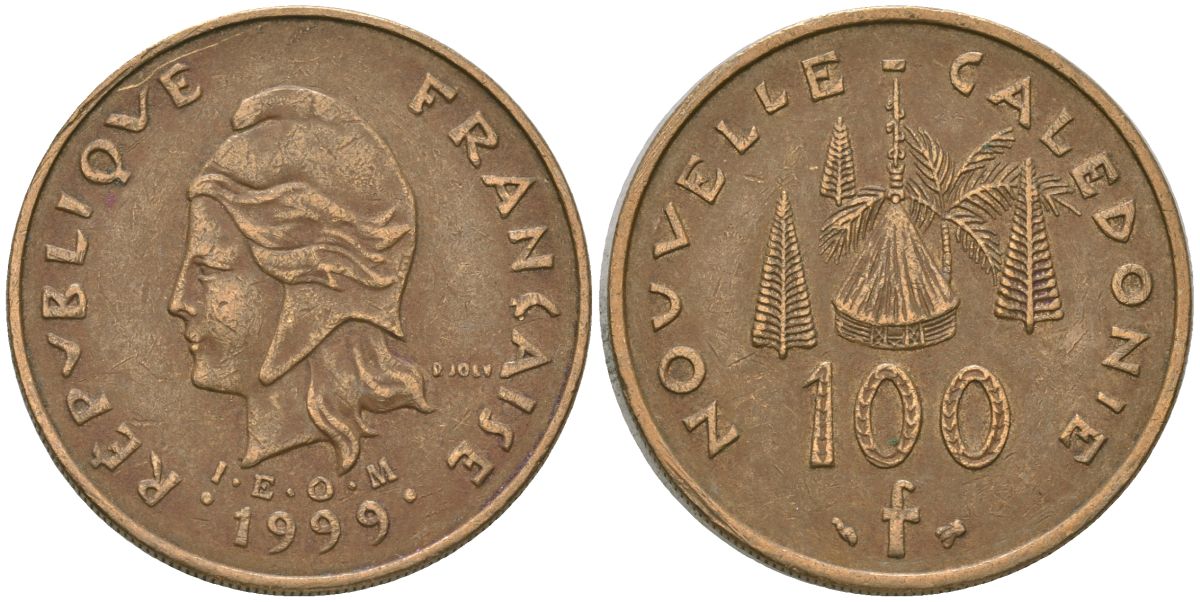 Французская Новая Каледония 100 франков 1999 хижина среди сосен и пальм, (IEOM) KM 15, Schoen 16, Lec 139c никель латунь 4140-1242
