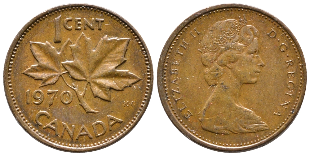 Канада 1 цент 1970 Елизавета II (1952-2022), кленовый лист KM 59.1 бронза 177-957