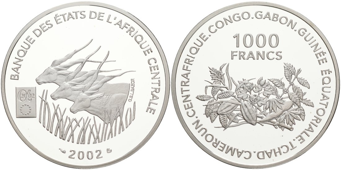 Валютный союз стран центральной Африки 1000 франков 2002 FAO, тираж 500 экземпляров серебро PROOF 00-000-00