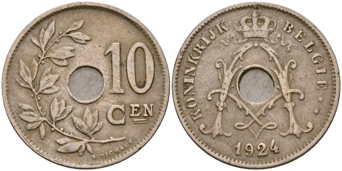 Бельгия 10 сантимов 1924 Король Альберт I (1910 - 1934) KM 86 медно-никель 183-417