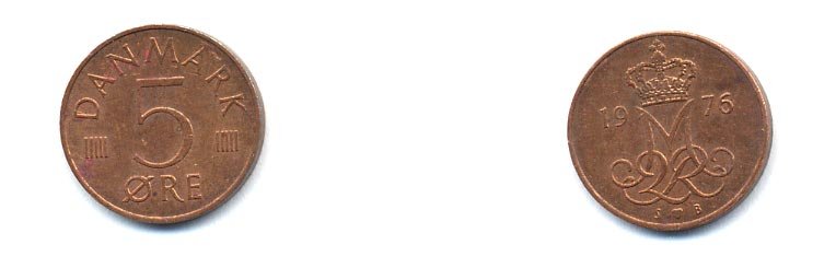 Дания 5 эре 1976 S; B, Маргрете II (1972- ) KM 859.1 железо плакированное медью 4379-752