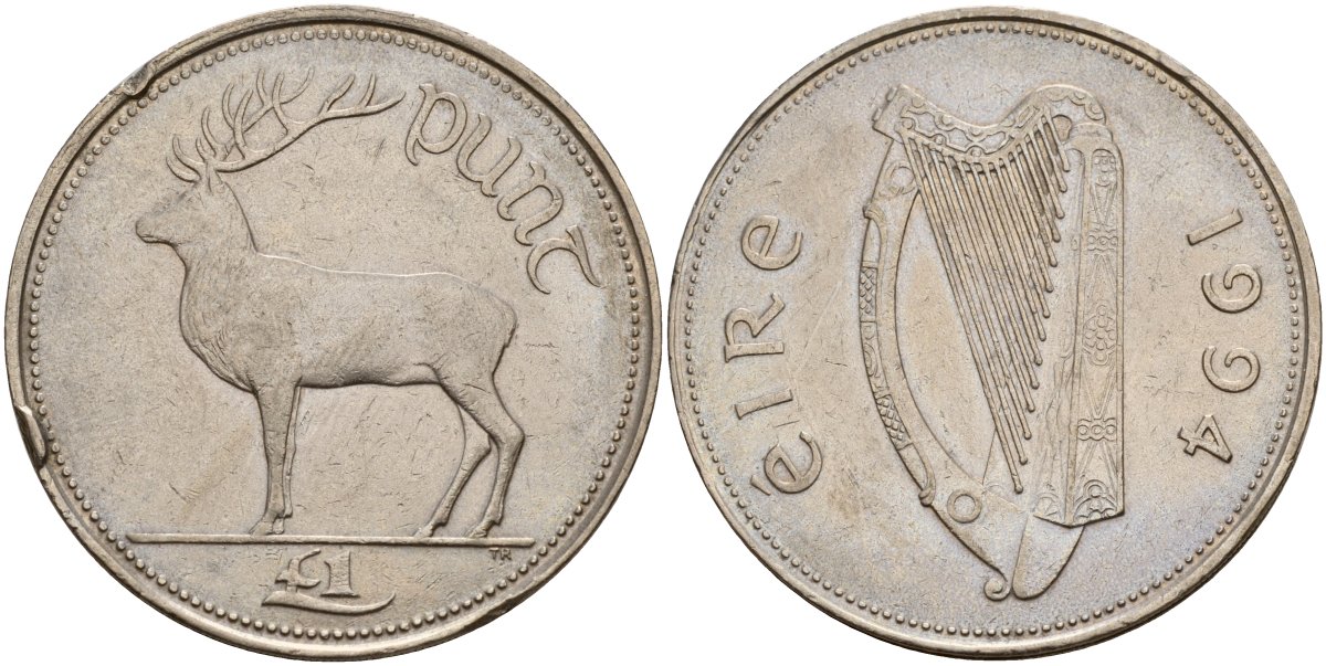Ирландия 1 фунт 1994 Олень KM 27 медно-никель 4140-421
